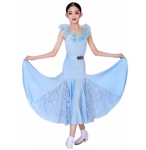 Girls kids light blue lace ballroom dance dresses for children rhythm ruffles neck smooth waltz tango performance long skirts 